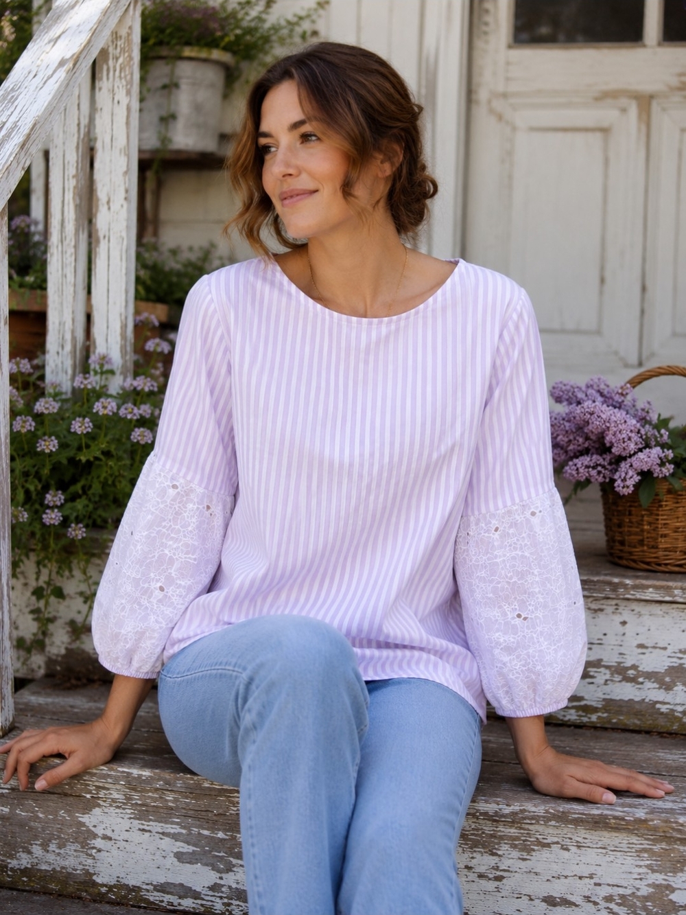 Liz Claiborne XL NWT Lavender & White Stripe Eyelet Sleeve Cottagecore Blouse